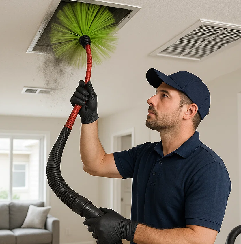 Tomball TX technician using advanced suction and agitation tools to deep clean air ducts and improve home air quality
