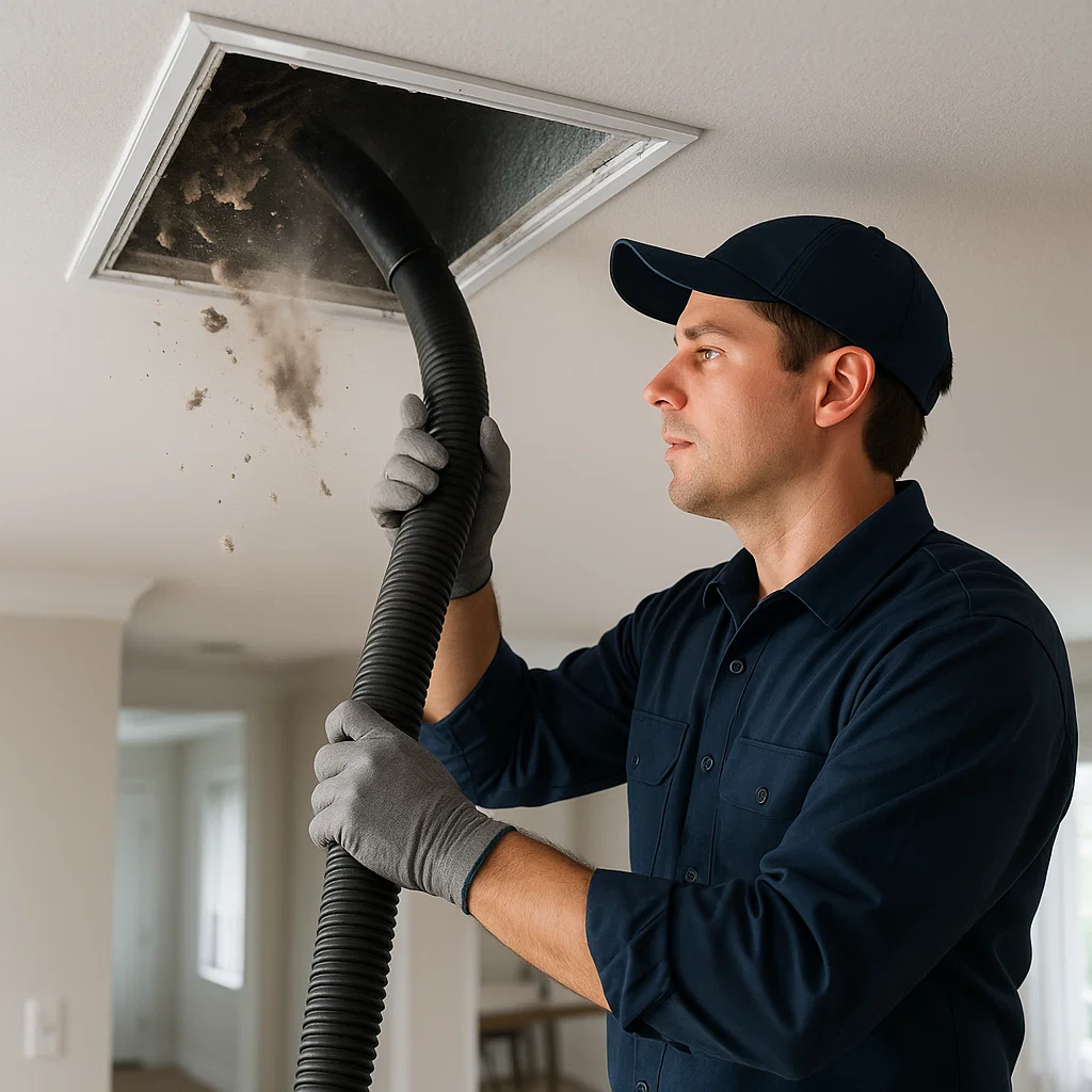 Tomball TX technician cleaning contaminated air ducts to improve airflow, reduce allergies, and boost HVAC efficiency