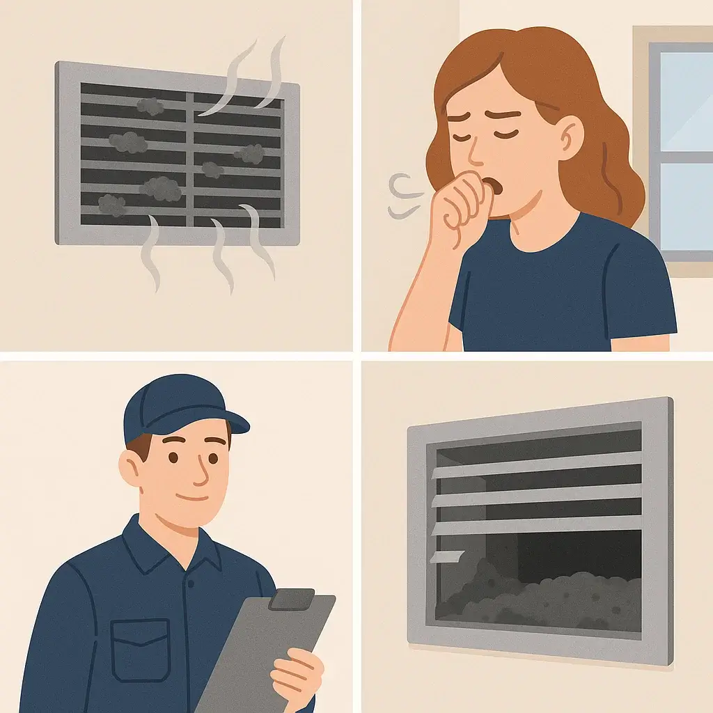 Tomball TX technician cleaning dusty, musty air ducts to eliminate odors and restore clean airflow