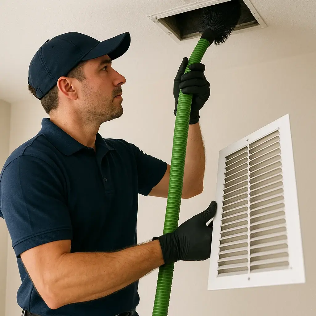 Tomball TX technician clearing construction debris and dust buildup from clogged air ducts to restore airflow
